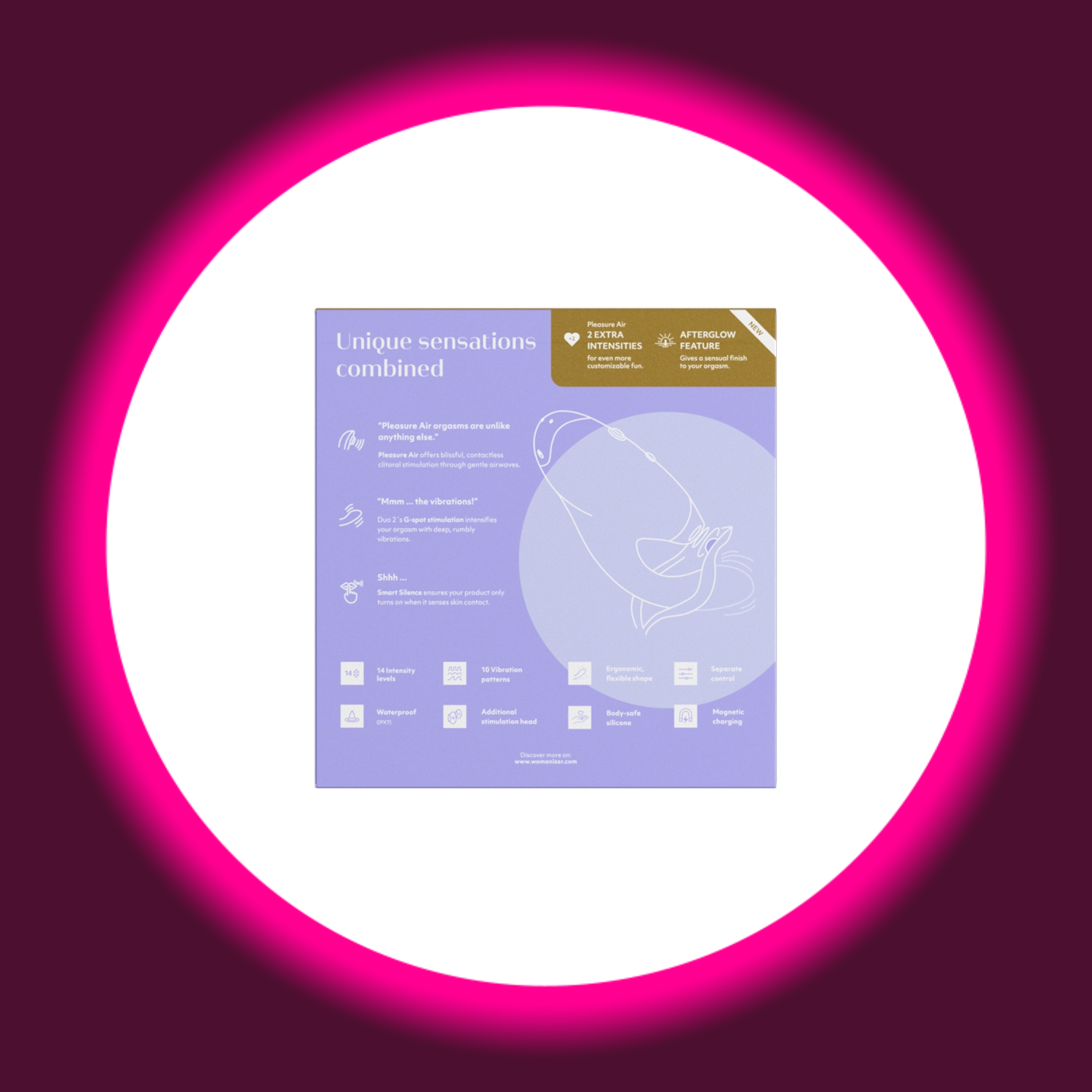 Rückseite der Produktverpackung violetter Pulsator mit Stimulationskopf und Vibroarm Womanizer Duo 2