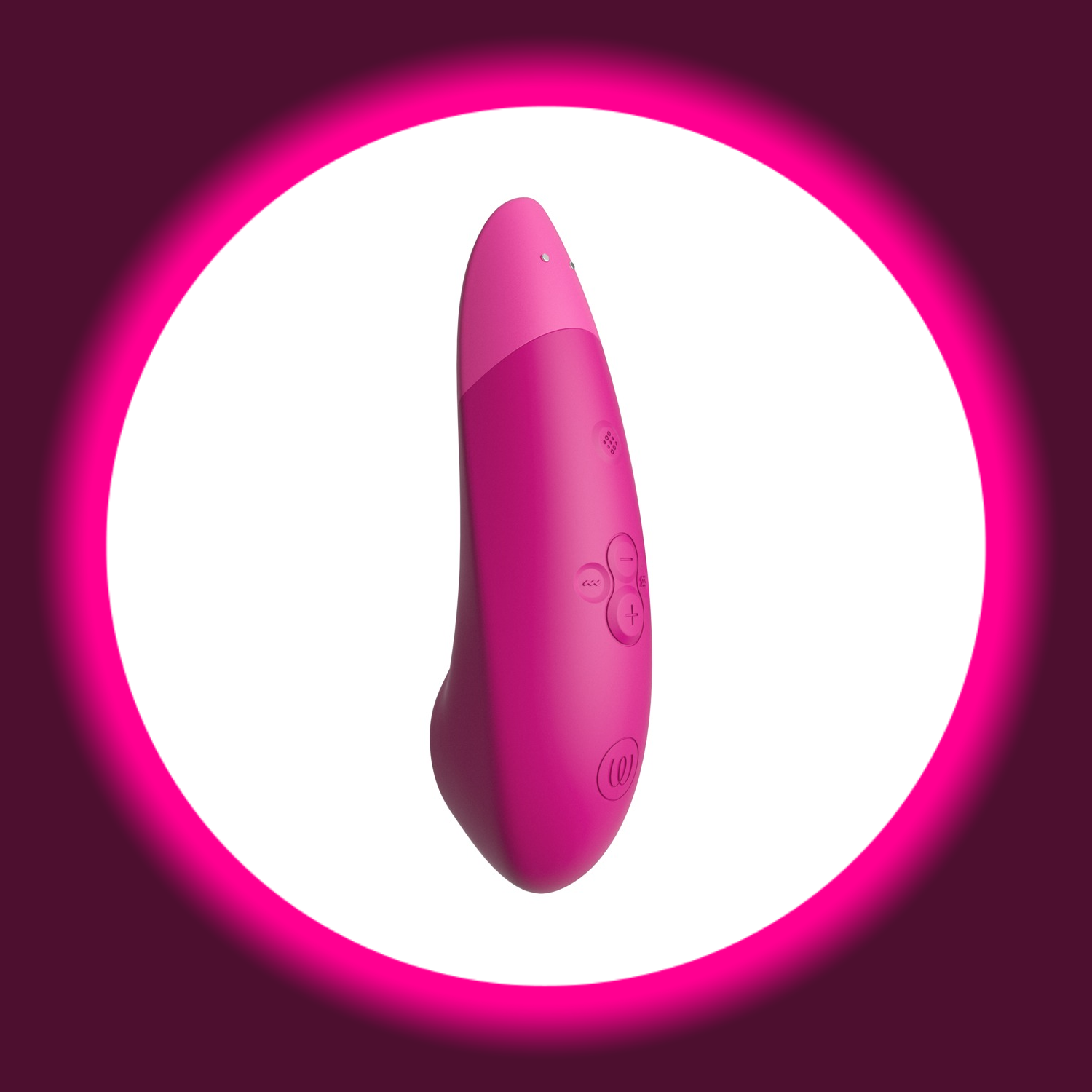 Winkelansicht pinker Pulsator Womanizer Enhance mit USB-Anschluss und Bedienfeld