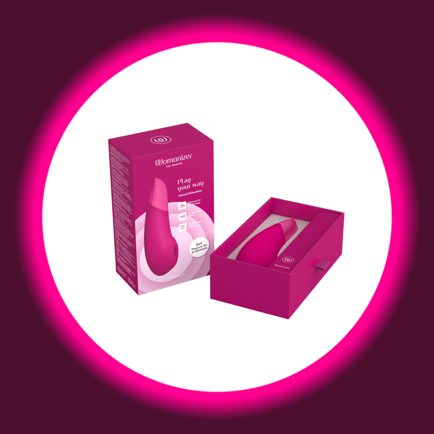 geöffnete Produktverpackung des pinken Pulsators Womanizer Enhance