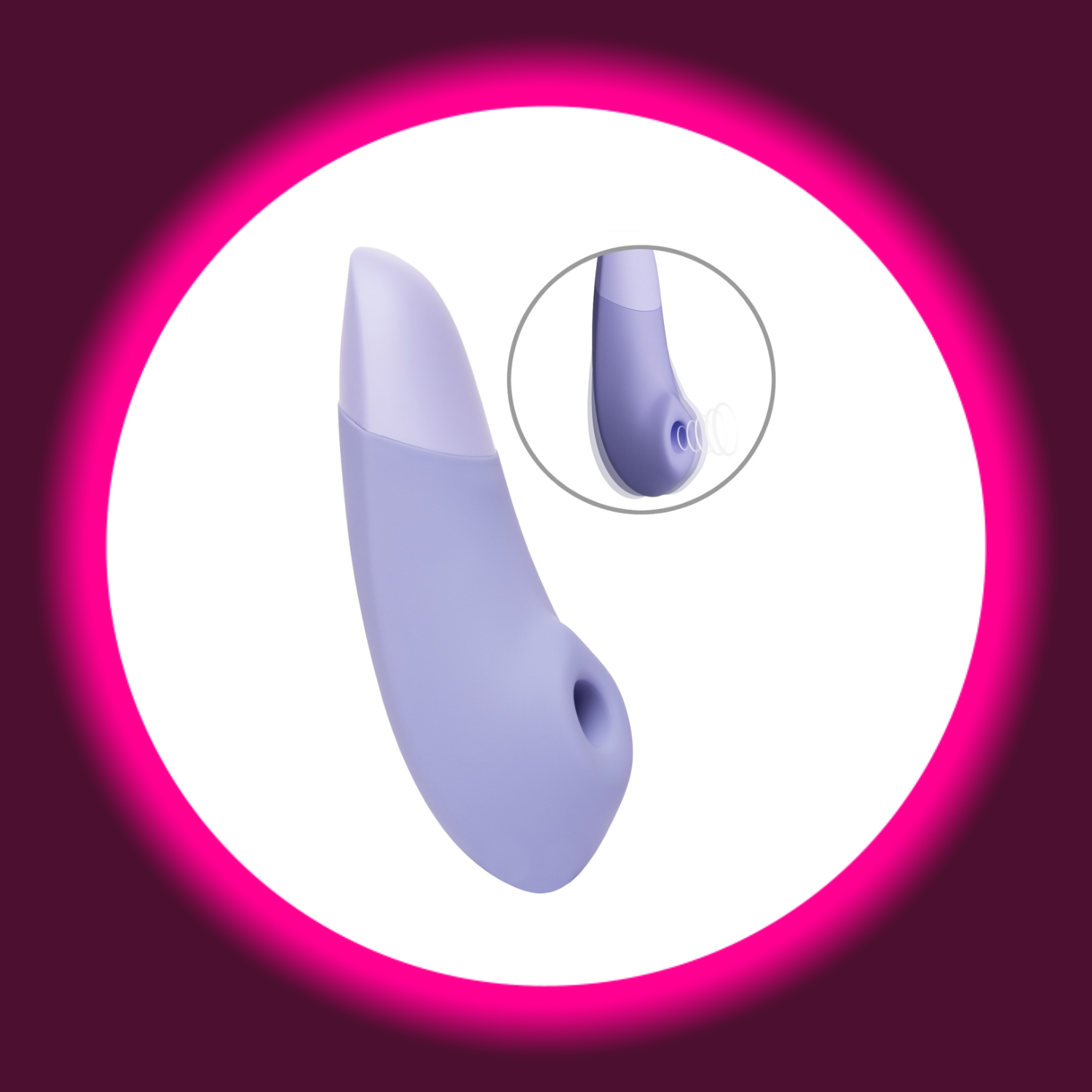 Winkelansicht violetter Pulsator Womanizer Enhance mit pulsierendem Stimulationskopf