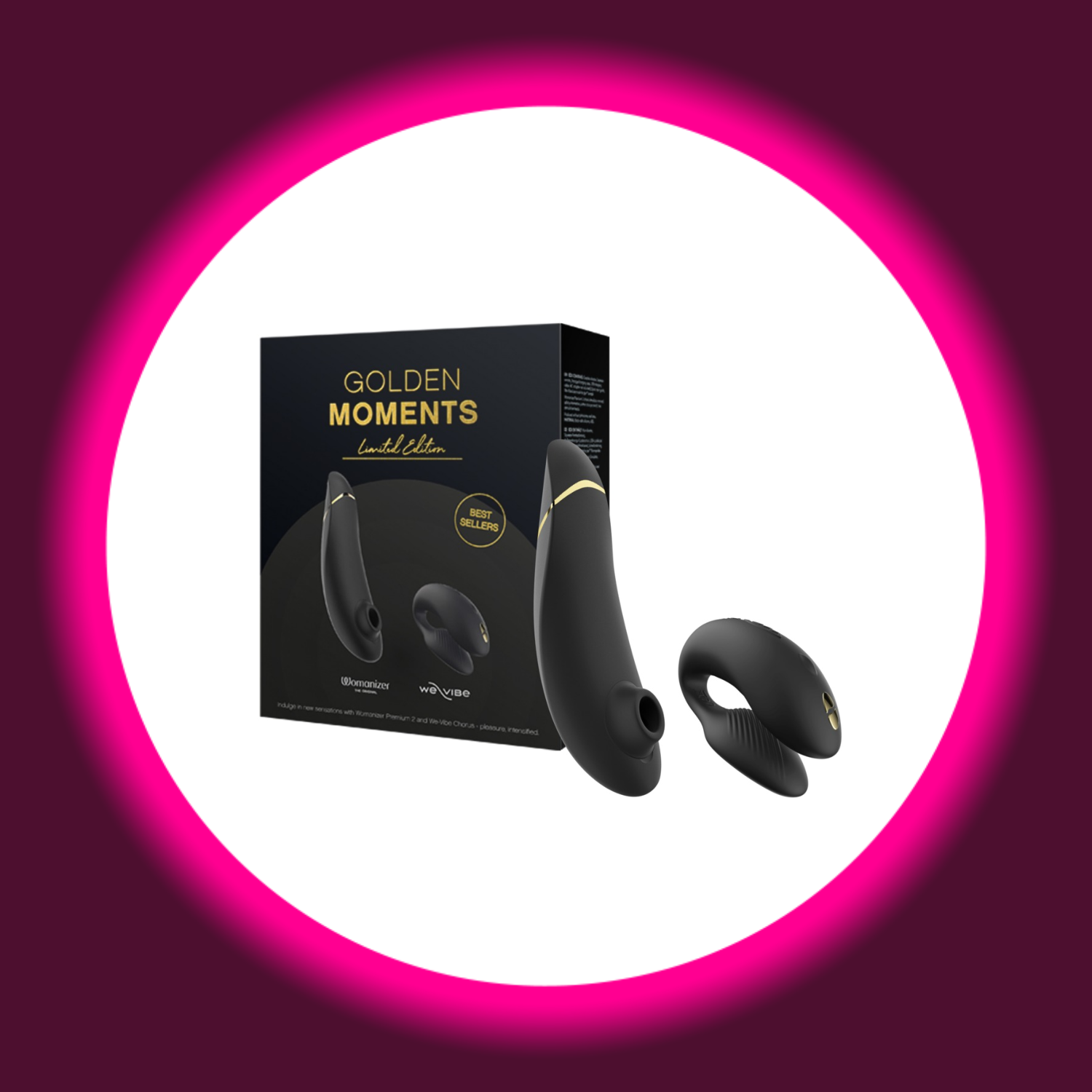 schwarze Produktverpackung mit daneben liegendem Pulsator Womanizer Next und Paarvibrator We Vibe Chorus