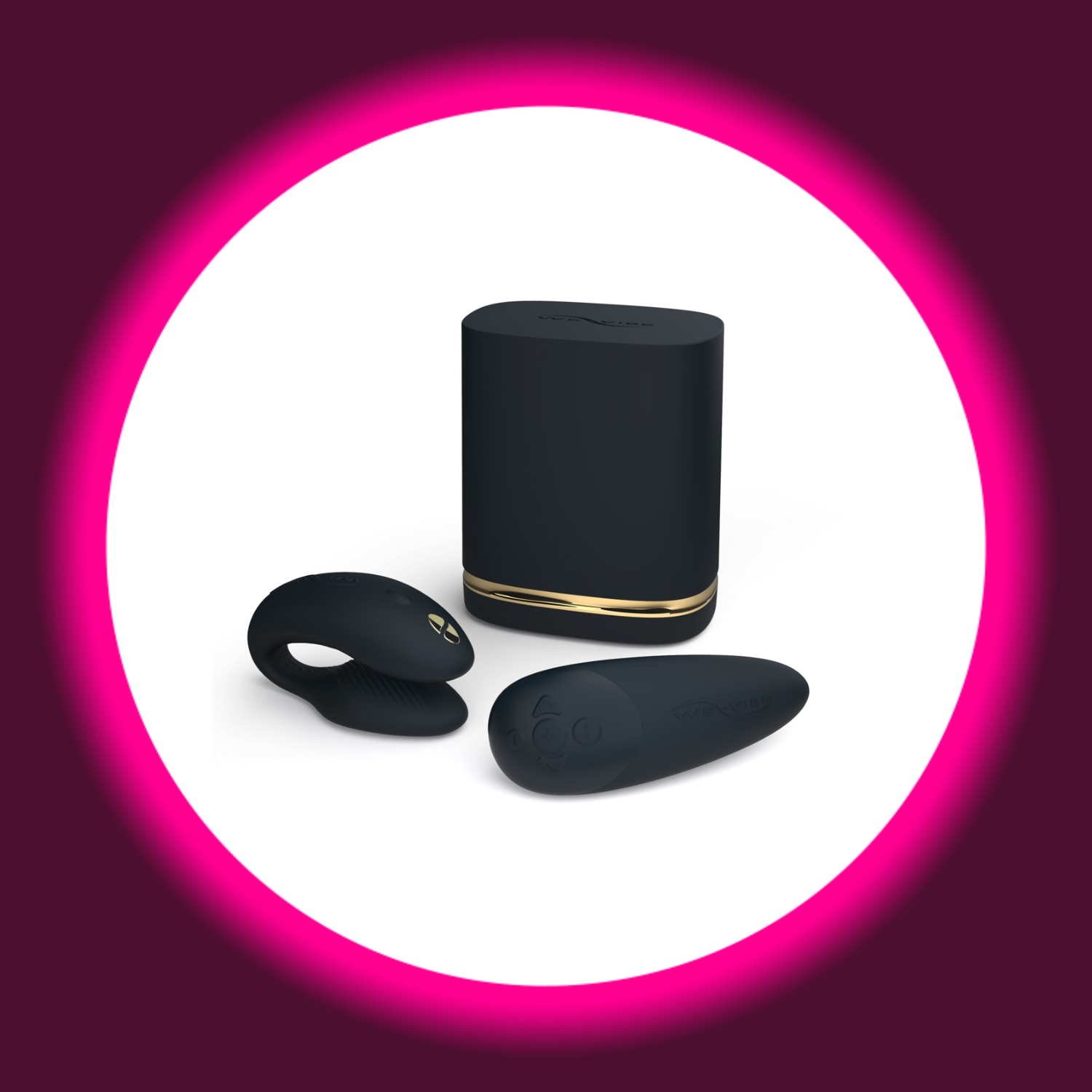 schwarze Aufbewahrungsbox mit daneben liegendem Pulsator Womanizer Next und Paarvibrator We Vibe Chorus