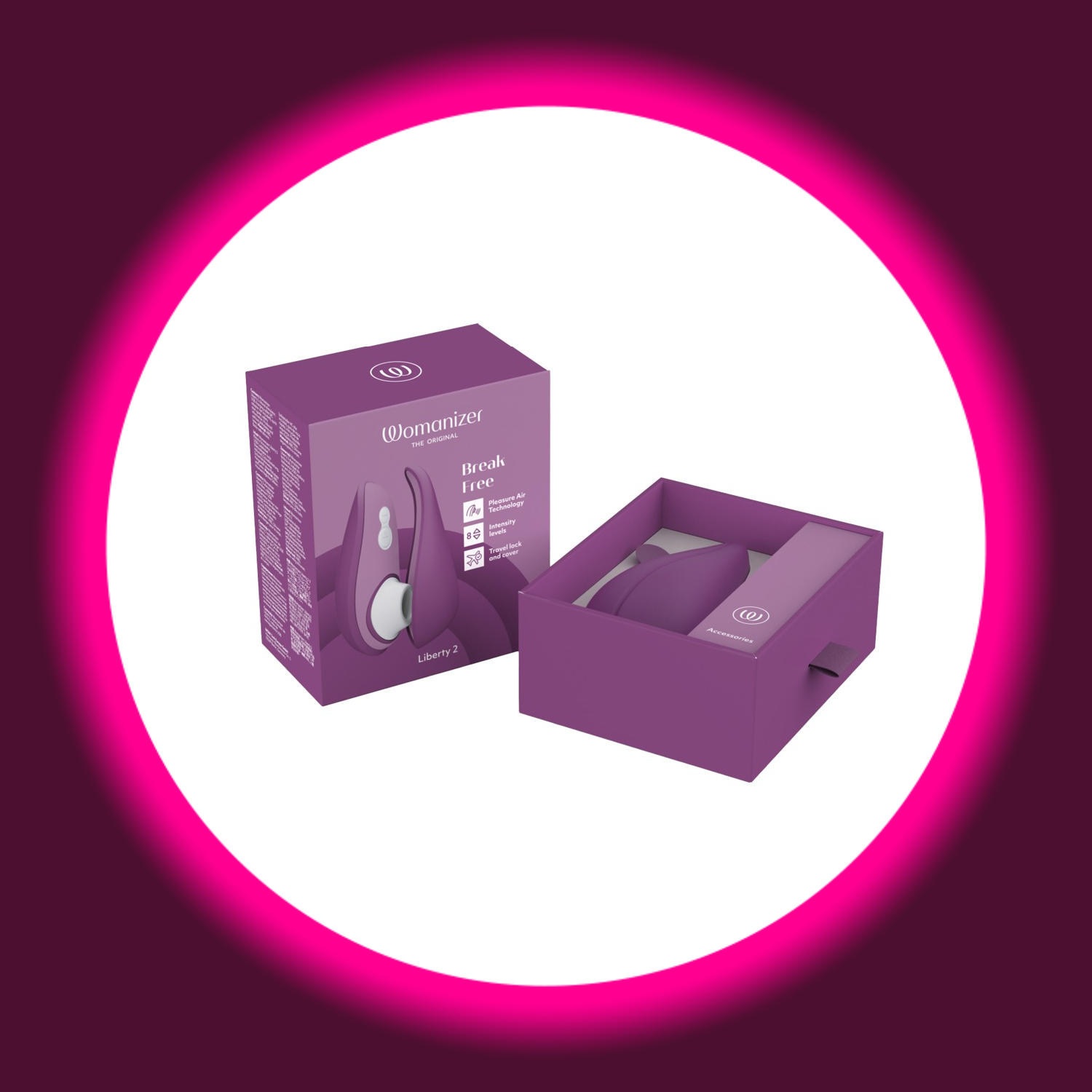 geöffnete Verkaufsverpackung des Womanizer Liberty 2 in der Farbe lila auf weißem Untergrund
