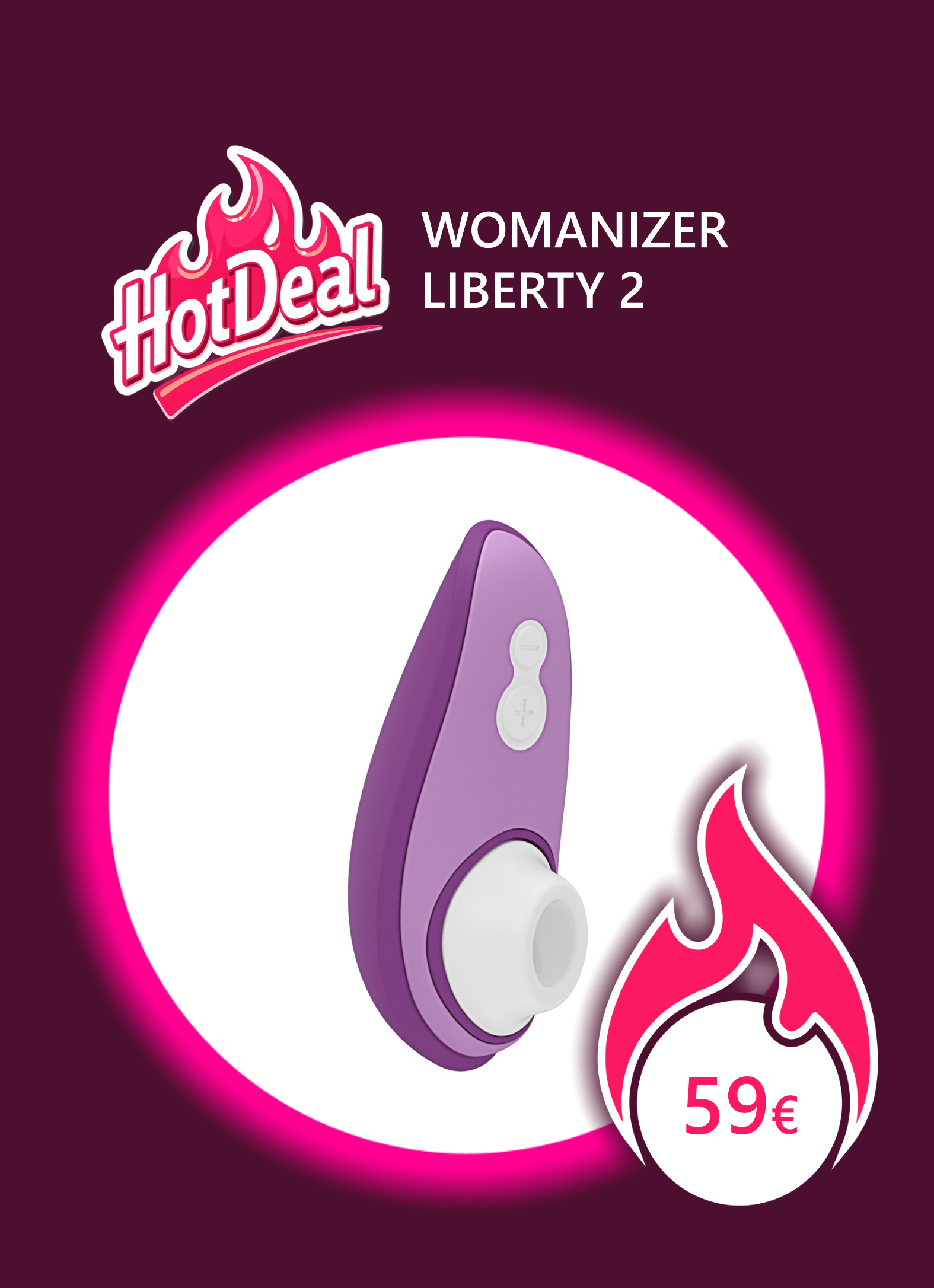 Winkelansicht auf den Womanizer Liberty 2 Pulsator in der Farbe lila auf weißem Untergrund