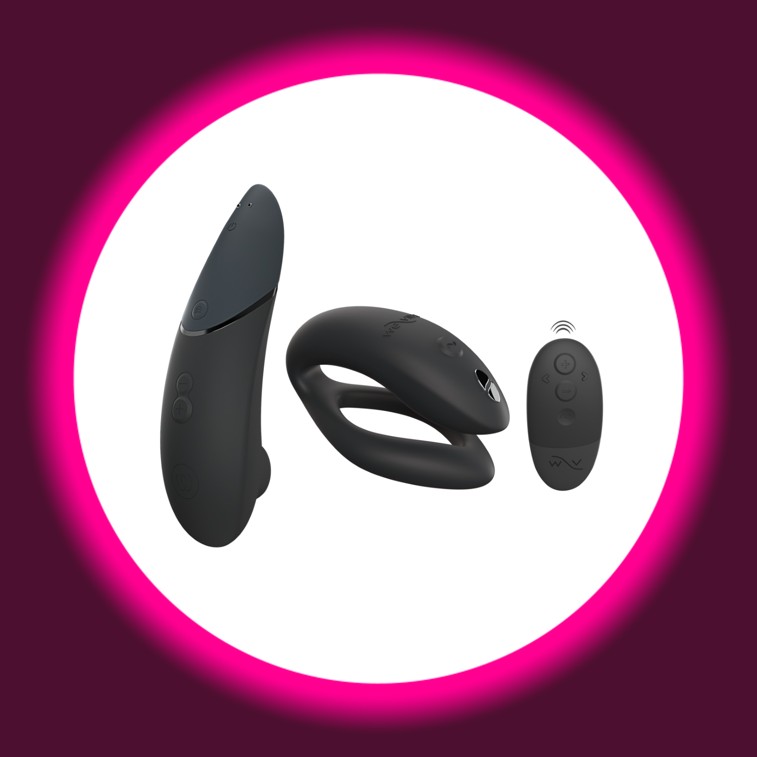 schwarzer Pulsator Womanizer Next und Paarvibrator We Vibe Sync-o mit Fernbedienung liegen nebeneinander
