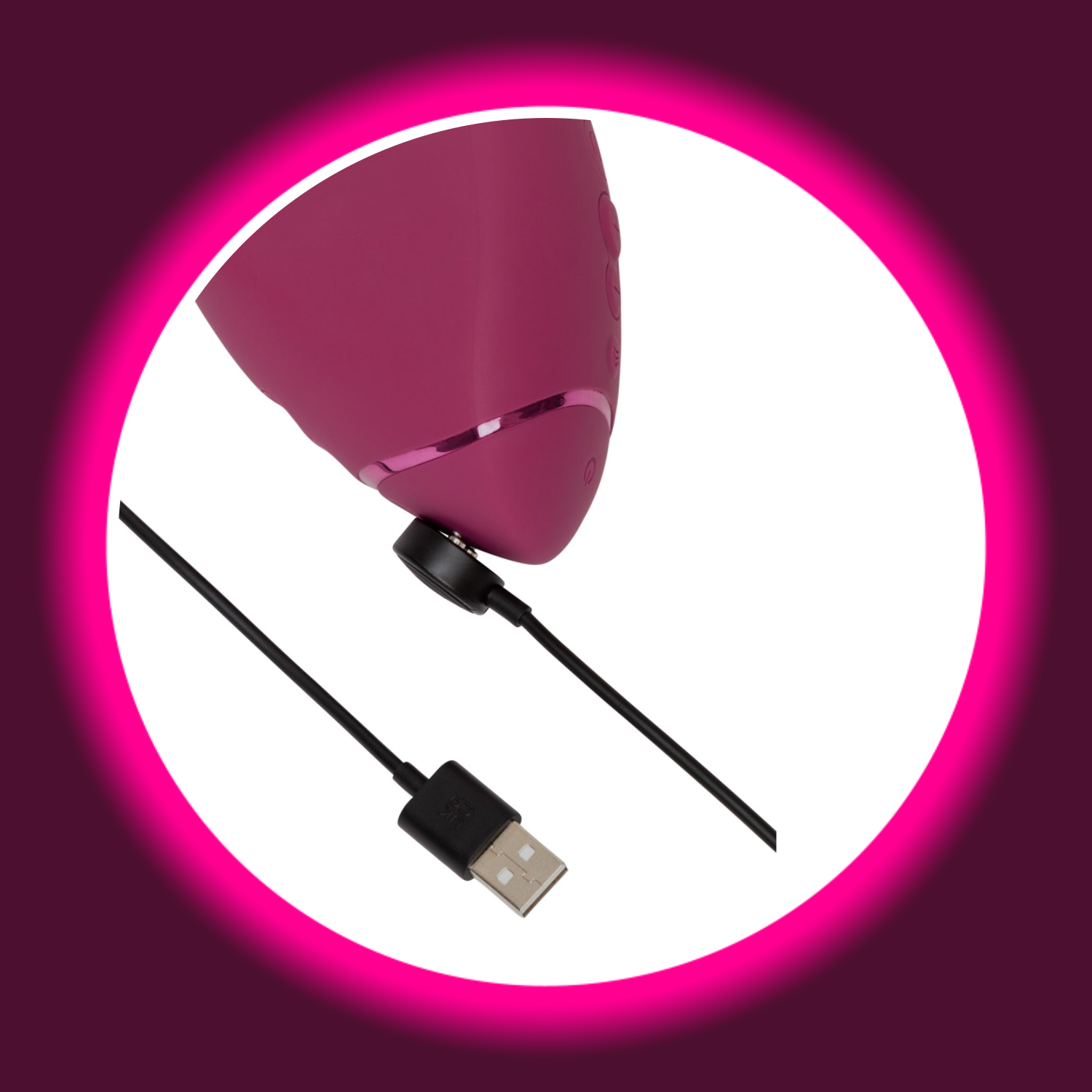 Detailansicht Pulsator Womanizer Next Duo mit angeschlossenem USB-Ladekabel