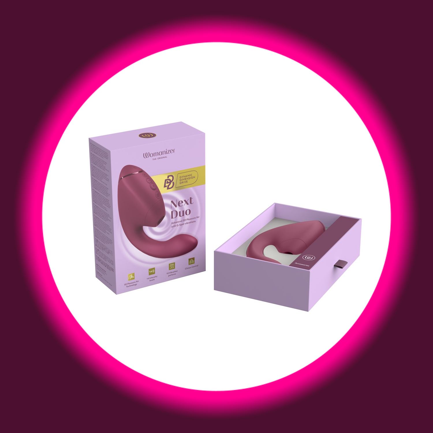 offene Produktverpackung eines dunkelrosa farbenen Pulsator Womanizer Next Duo mit Stimulationskopf und Vibrationsarm