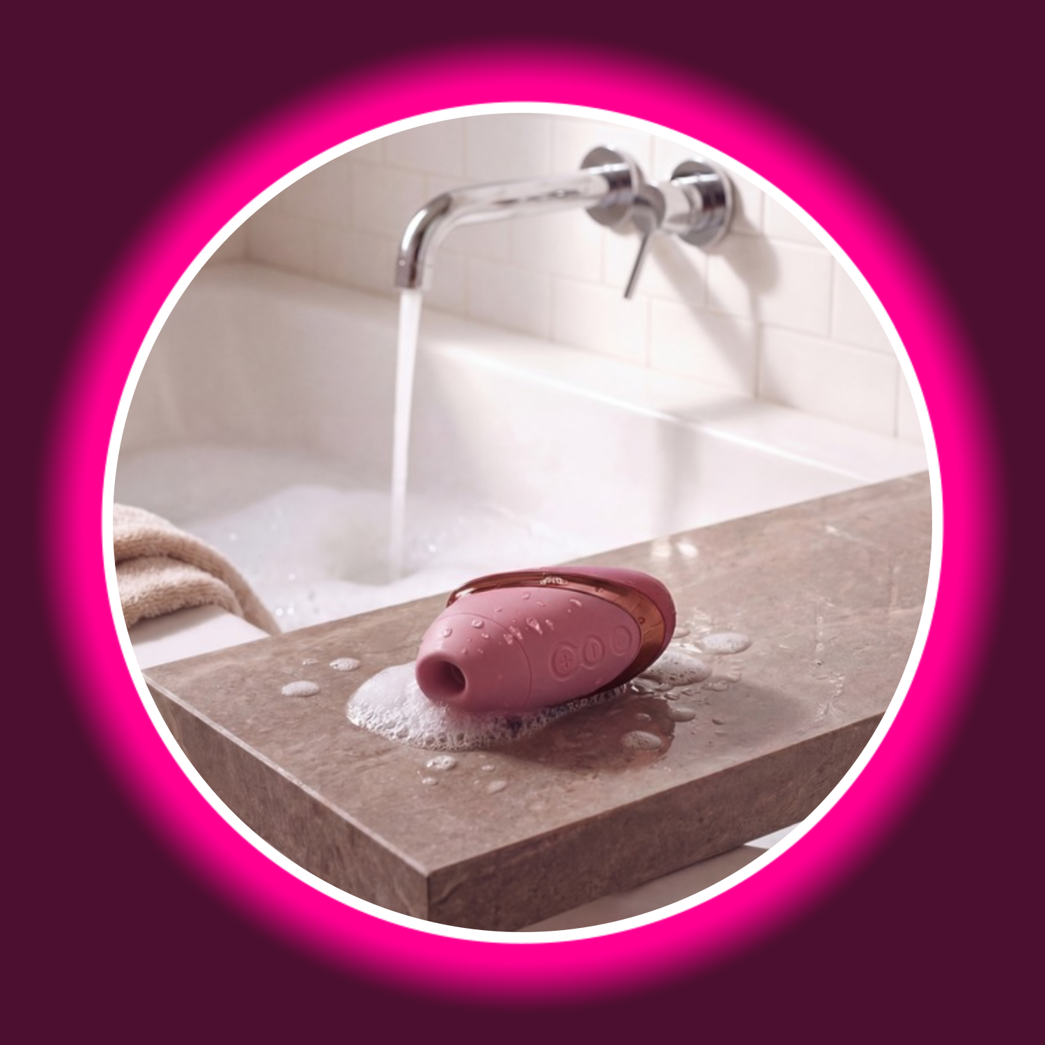 dunkelrosa kleiner Pulsator Next Liberty von Womanizer mit magnetischer Verschlusskappe, wasserdicht, auf Brett neben Badewanne