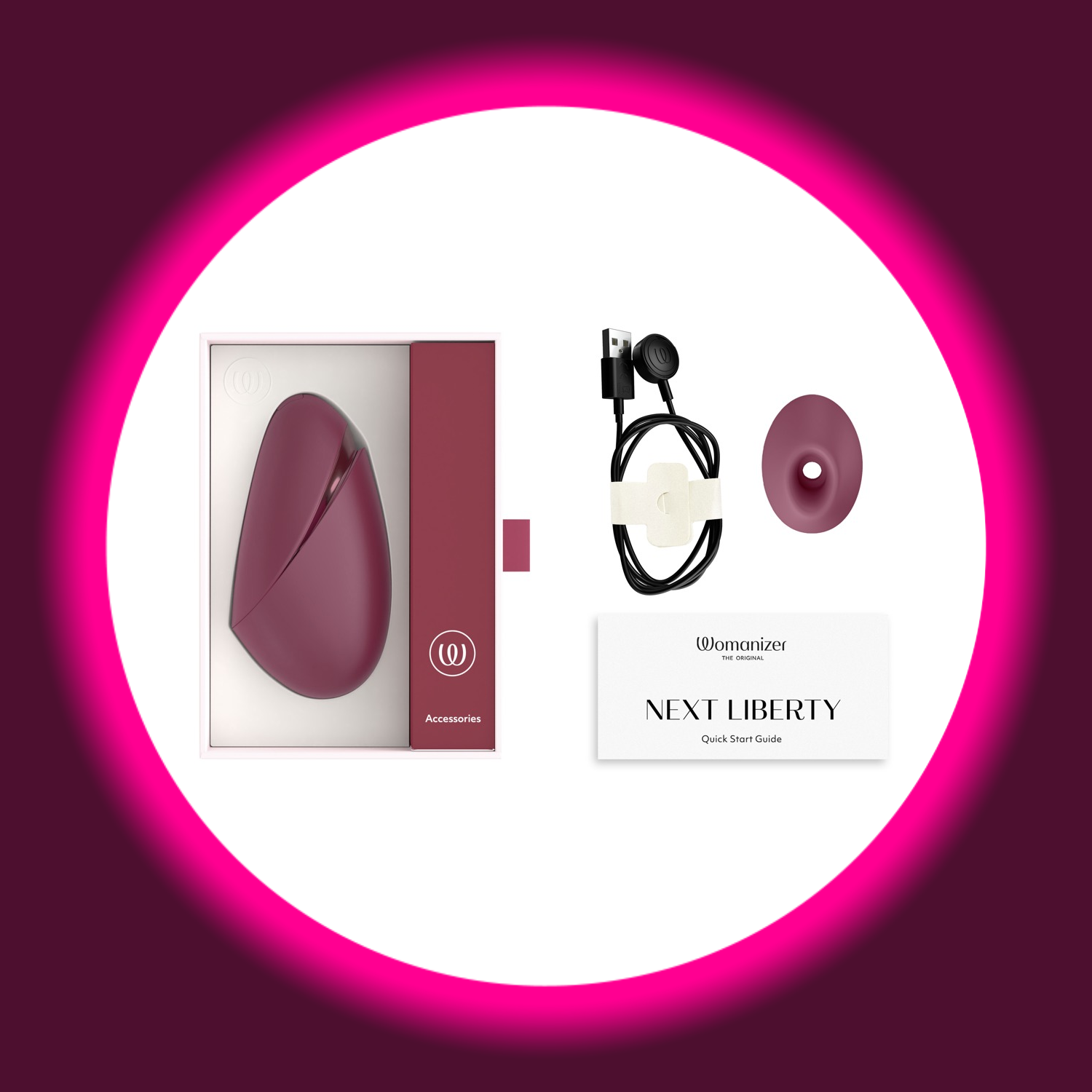 kleiner Pulsator Next Liberty von Womanizer mit magnetischer Verschlusskappe, USB-Ladekabel und Ersatzaufsatz