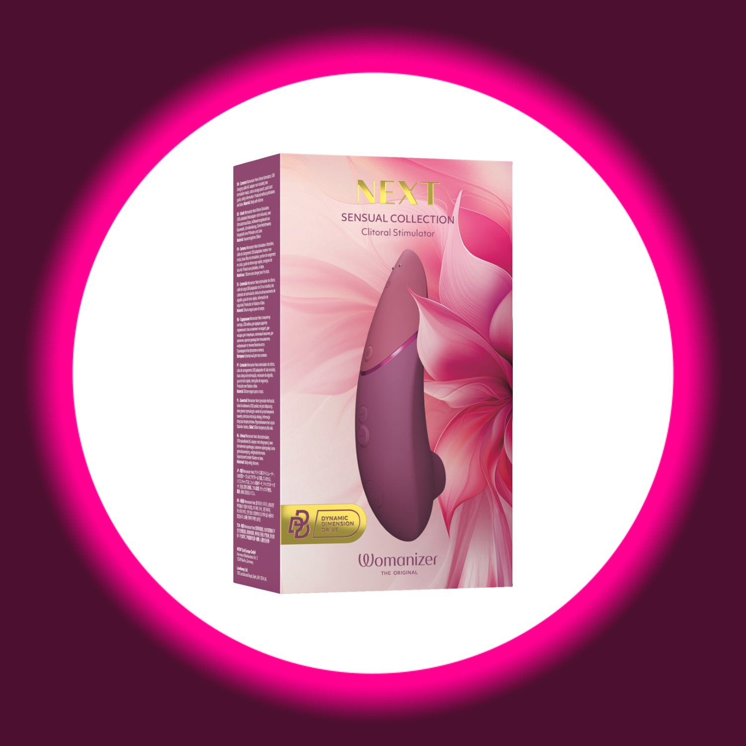 Womanizer NEXT Sensual Collection – Originalverpackung Vorderseite mit Pulsator in dunkelrosa, Blütendesign und Dynamic Dimension Drive Logo