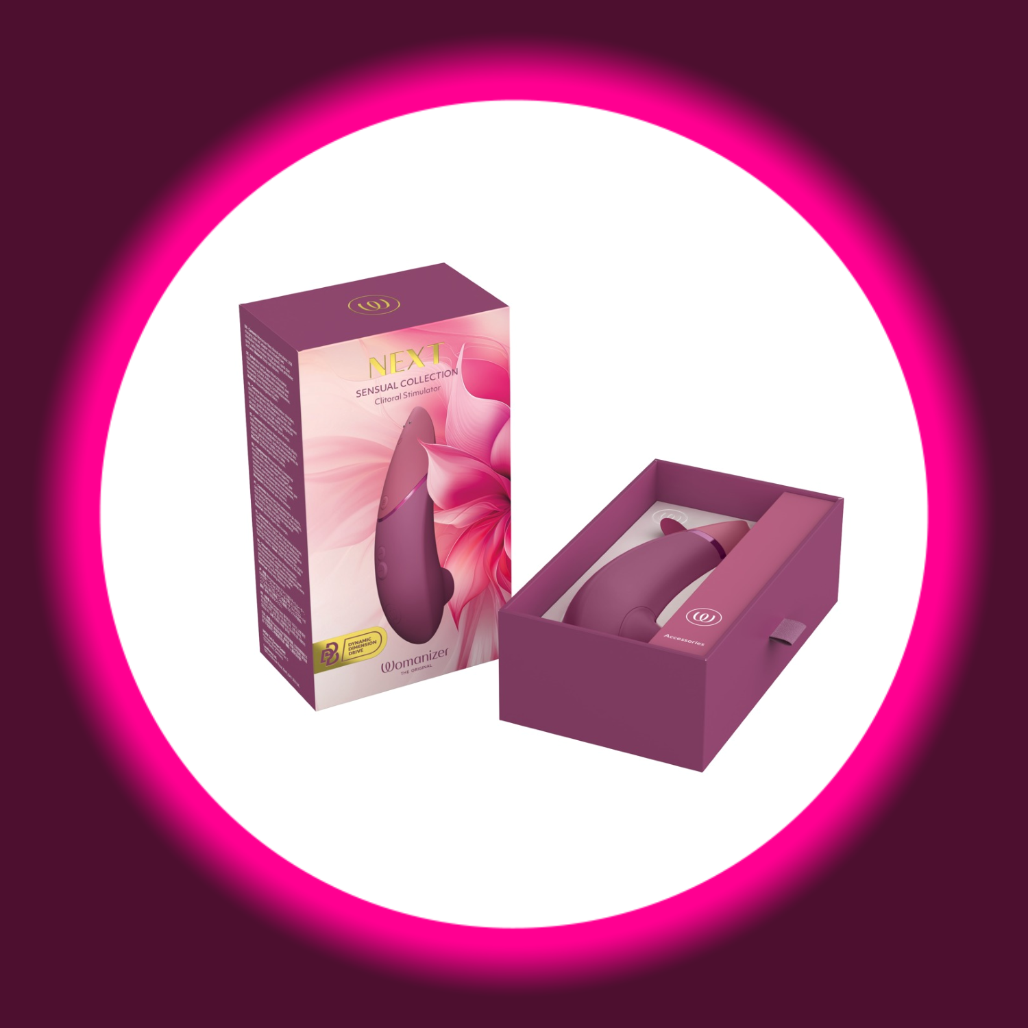 Womanizer NEXT Sensual Collection – Originalverpackung geschlossen und geöffnet mit eingesetztem Pulsator in dunkelrosa, Premium-Verpackung