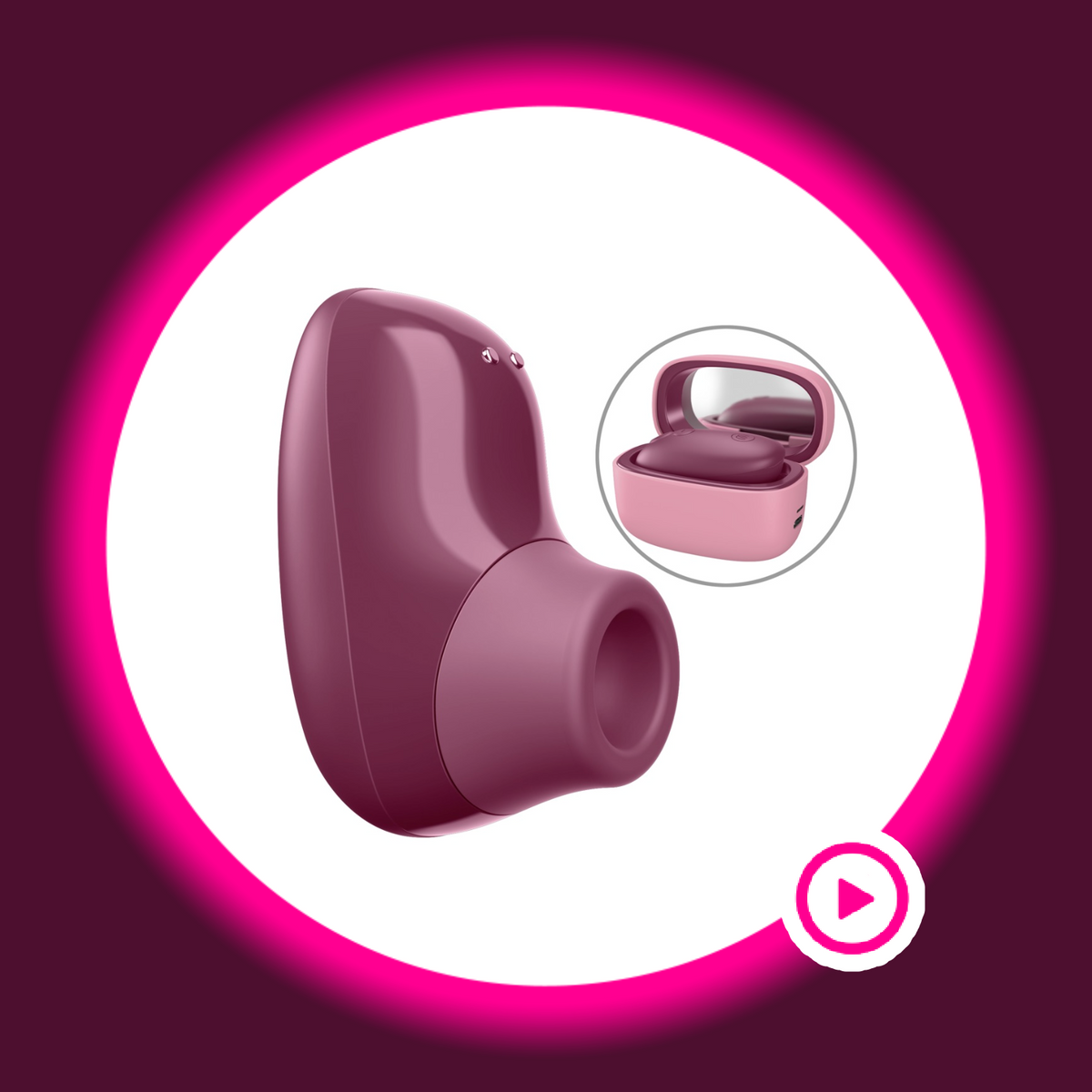 Womanizer Snap Klitoris-Stimulator violett – kompakter Pulsator mit Pleasure Air Technologie, schrägansicht mit geöffnetem rosa Ladecase und Innenspiegel