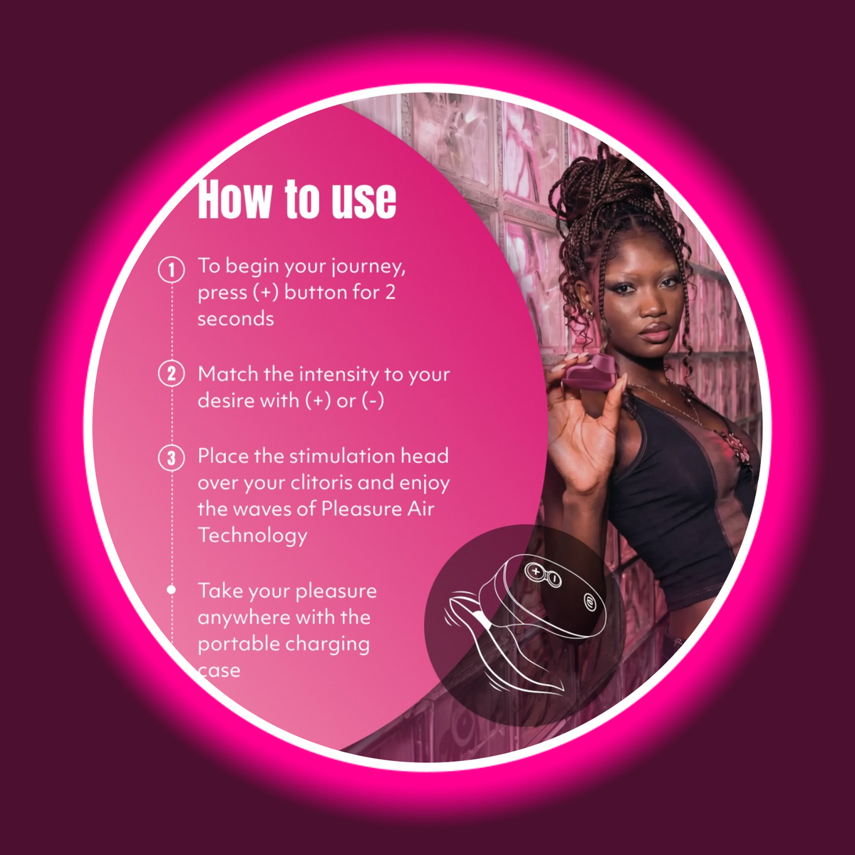 Womanizer Snap Anwendungsanleitung – 3-Schritte-Infografik zur Nutzung der Pleasure Air Technologie mit Model und Produktzeichnung