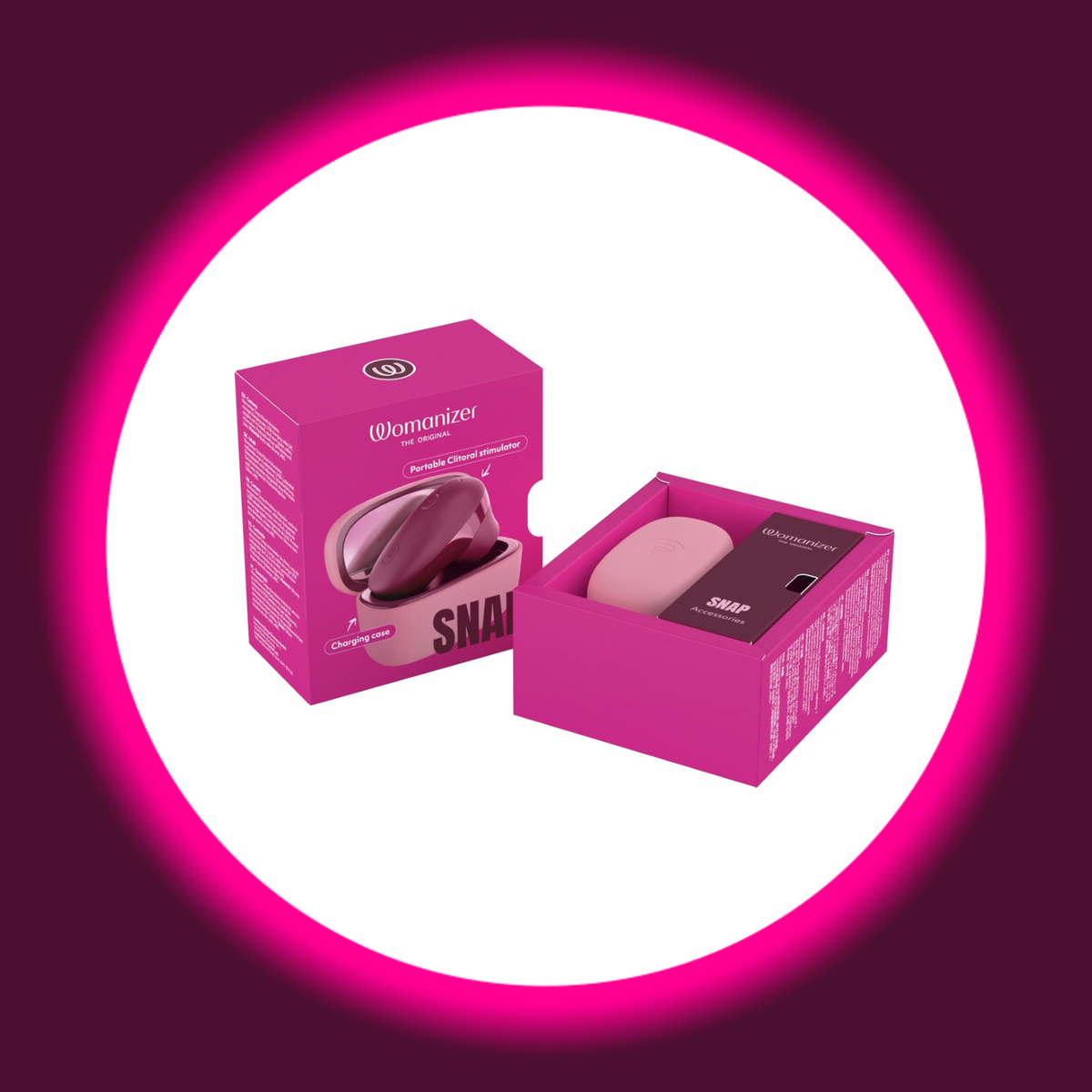 Womanizer Snap Verpackung – pinke Außenkartonbox und geöffnete Innenbox mit rosa Ladecase und Quick Start Guide