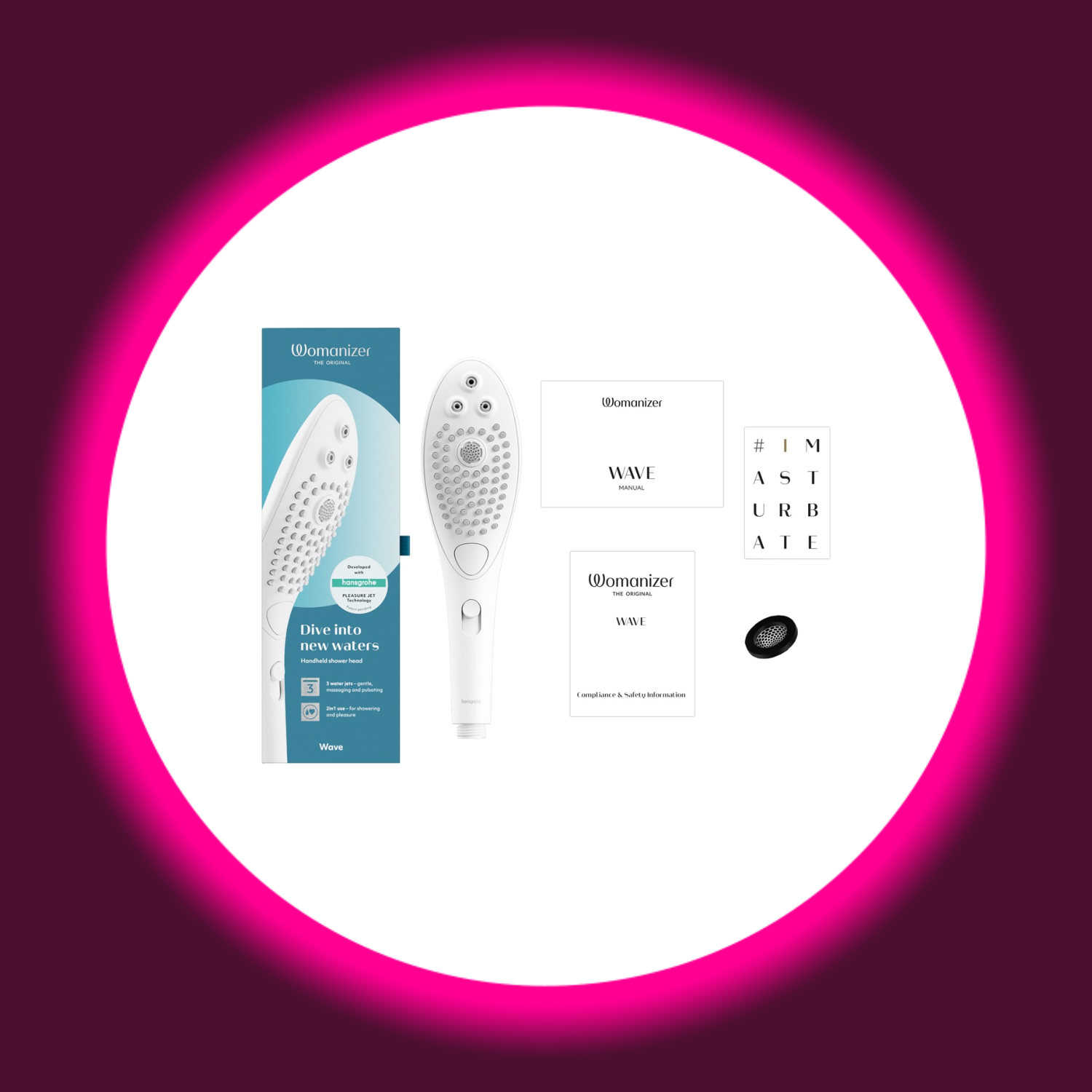 blaue Produktverpackung des Womanizer Wave, daneben liegender Duschkopf und Bedienungsanleitung