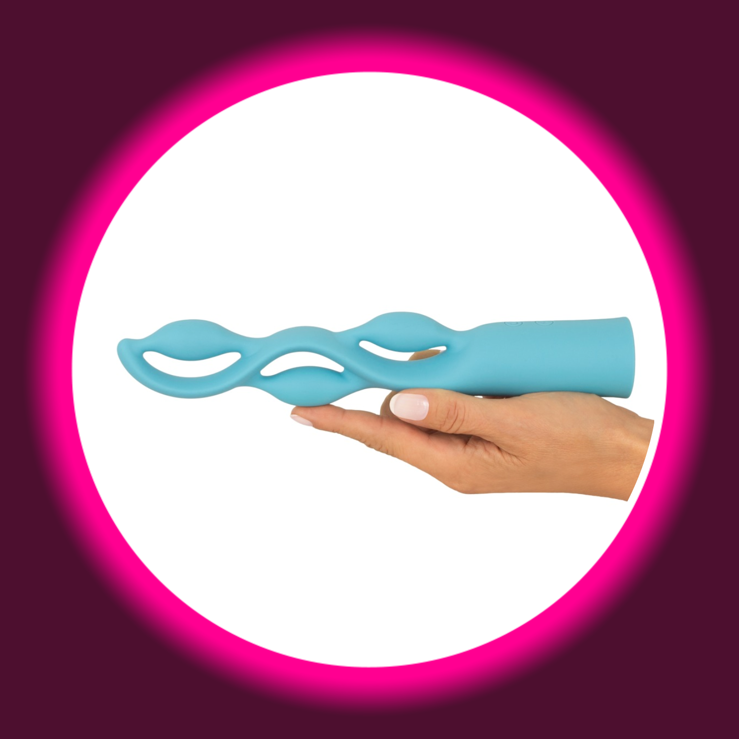 eine Hand hält den türkisen Designer-Vibrator Fabulous mit drei geschwungenen Windungen von You2Toys
