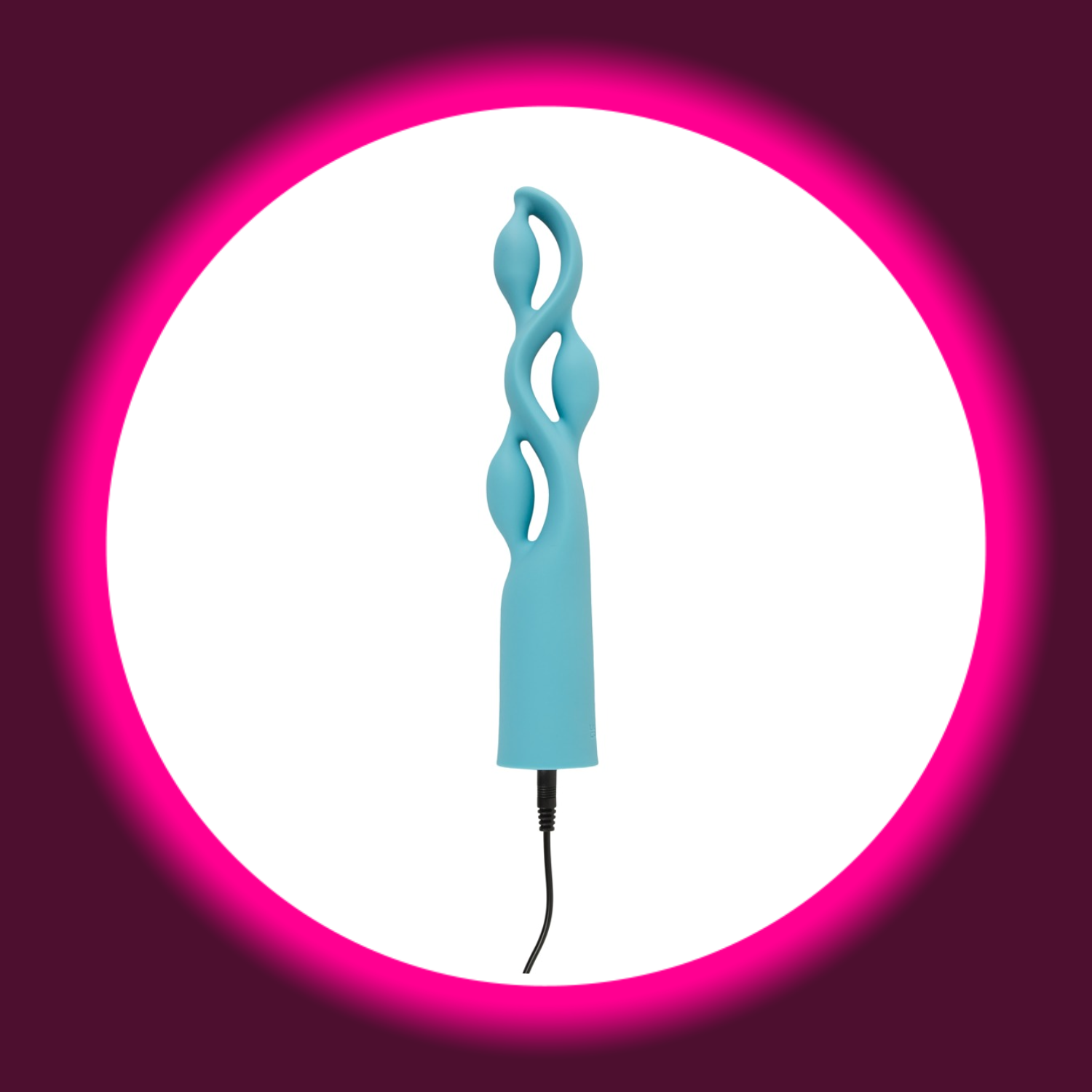 türkiser Designer-Vibrator Fabulous mit drei geschwungenen Windungen von You2Toys mit angeschlossenem USB-Ladekabel