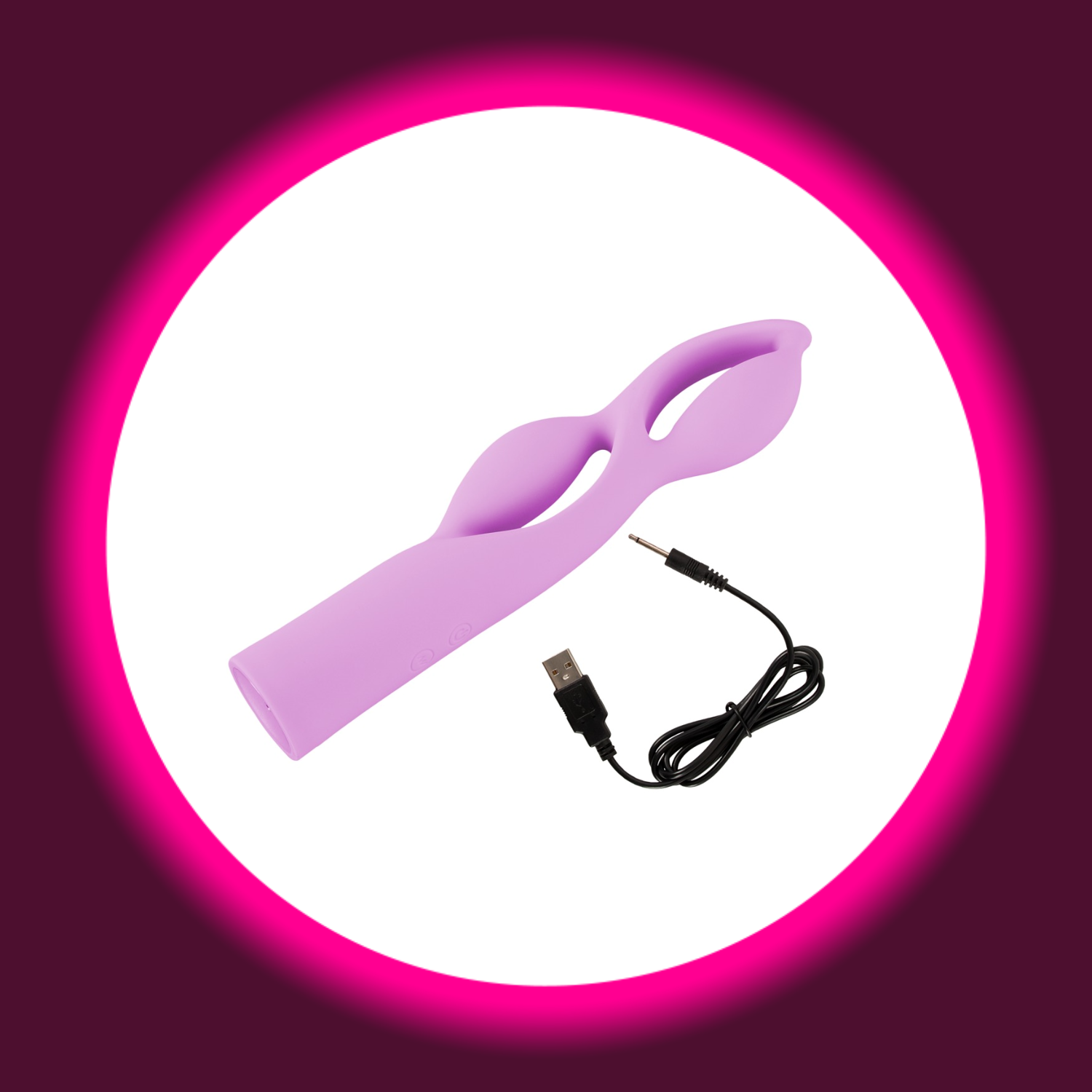 violetter Designer-Vibrator Fabulous mit zwei geschwungenen Windungen von You2Toys, daneben ein USB-Ladekabel