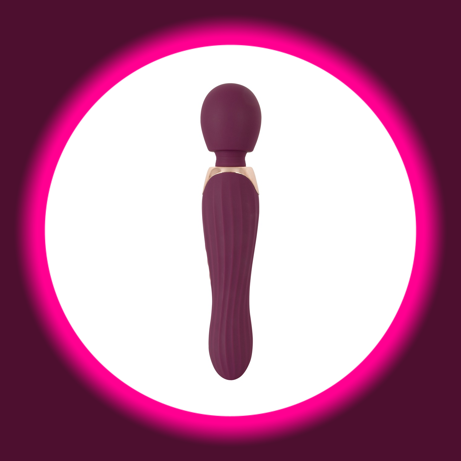Rückansicht auf den Wandvibrator Grande Wand in der Farbe violett mit goldenen Details und Rillen, You2Toys