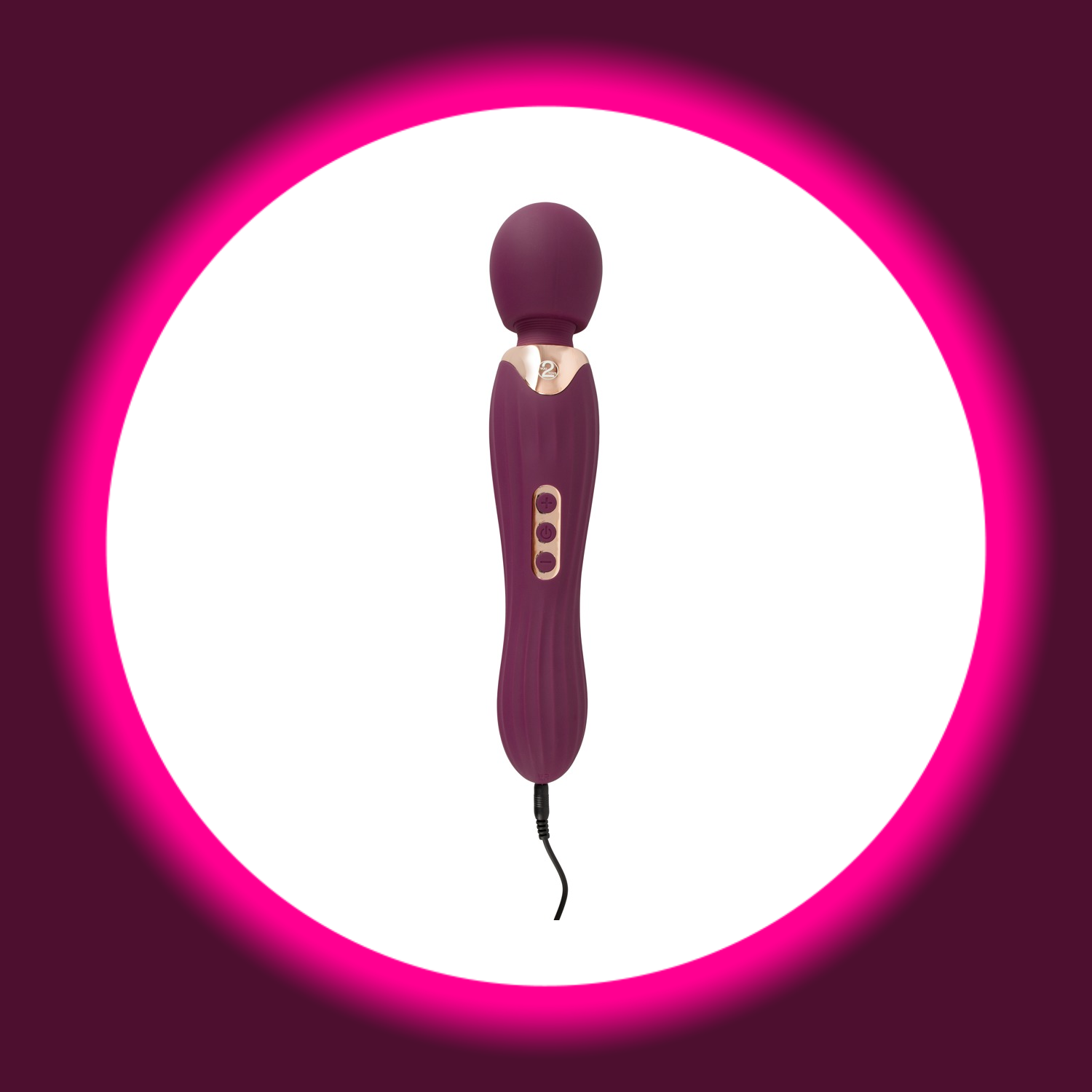 Frontansicht auf den Wandvibrator Grande Wand in der Farbe violett mit goldenen Details und Rillen, You2Toys