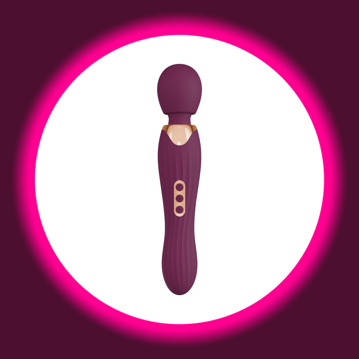 Frontansicht auf den Wandvibrator Grande Wand in der Farbe violett mit goldenen Details, You2Toys