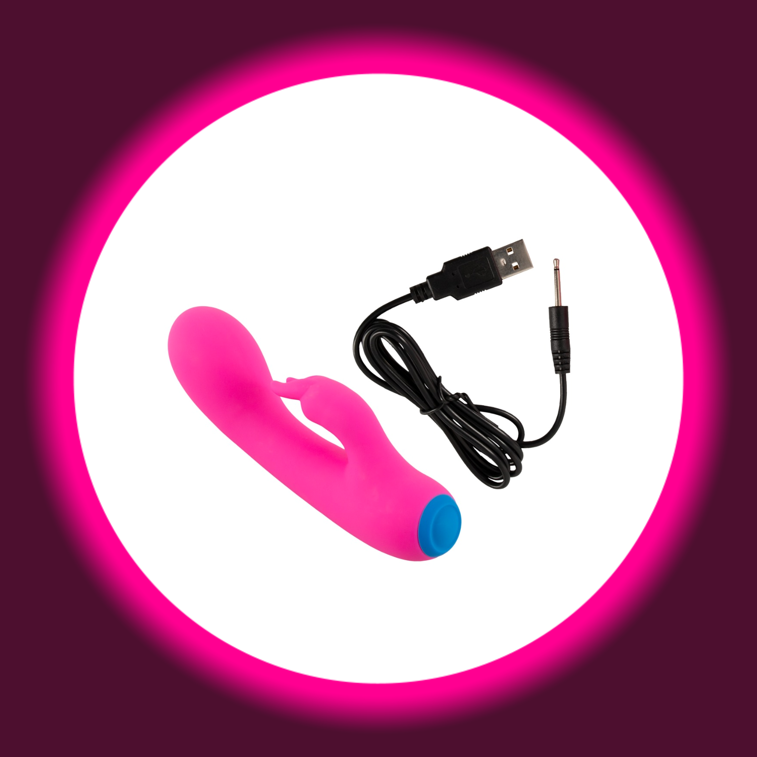 pinker Rabbitvibrator mit blauem Detail und schwarzem USB-Ladekabel von You2Toys