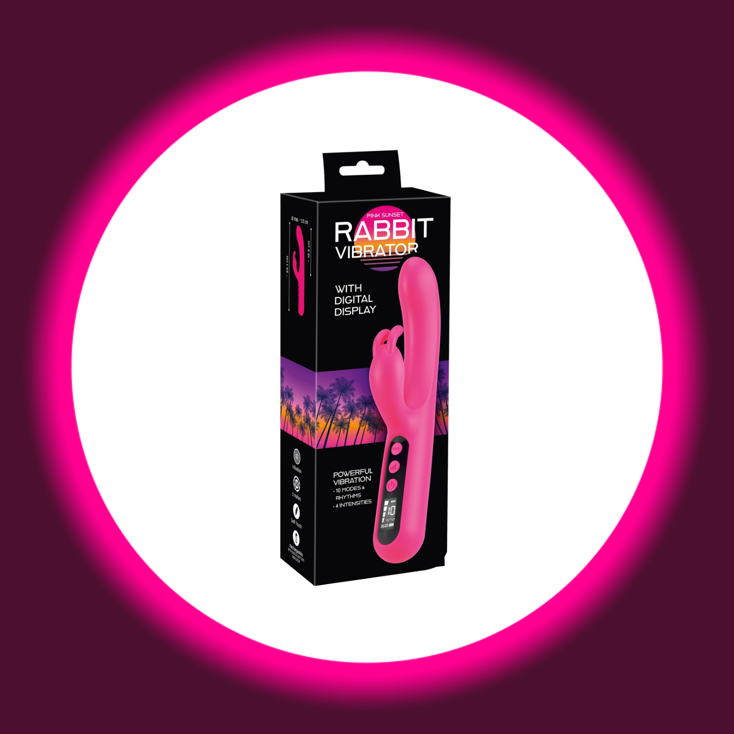 schwarze Produktverpackung des pinken Rabbitvibrators mit Digitalanzeige von You2Toys