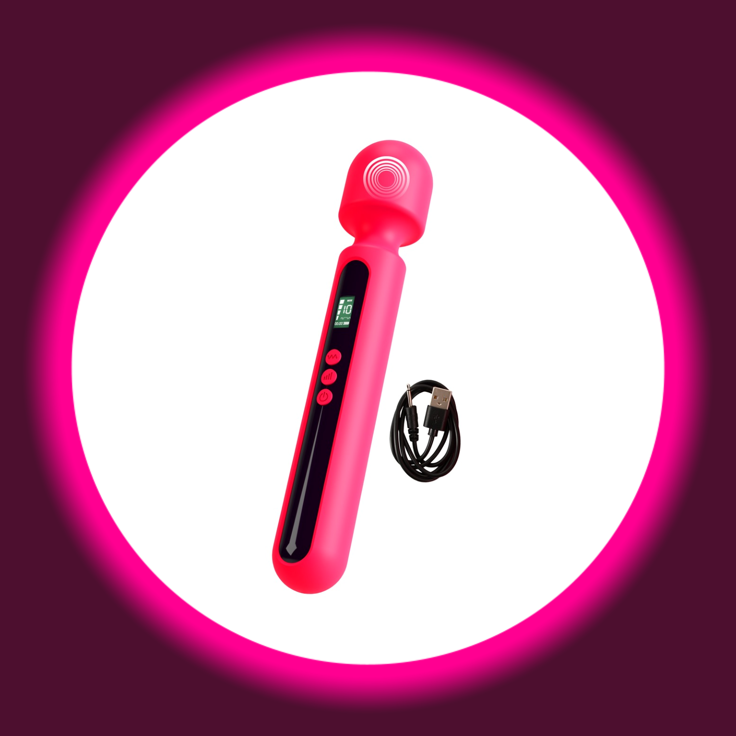 pinker Wandvibrator von You2Toys mit schwarzem Bedienfeld und Digitalanzeige, daneben ein USB-Ladekabel